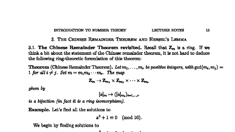INTRODUCTION TO NUMBER THEORY LECTURE NOTES: CHINESE REMAINDER THEOREM ...
