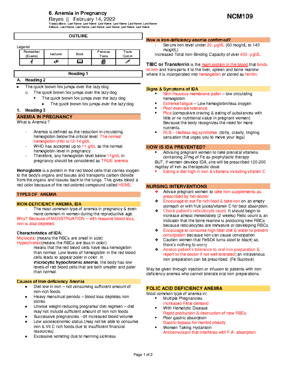 NCM 109 Anemia in Pregnancy - Comprehensive Lecture Notes - Studocu
