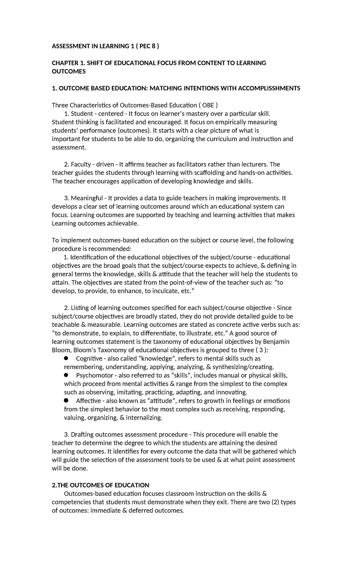 PEC 8: Chapter 1 - Shift to Outcome-Based Education in Learning - Studocu