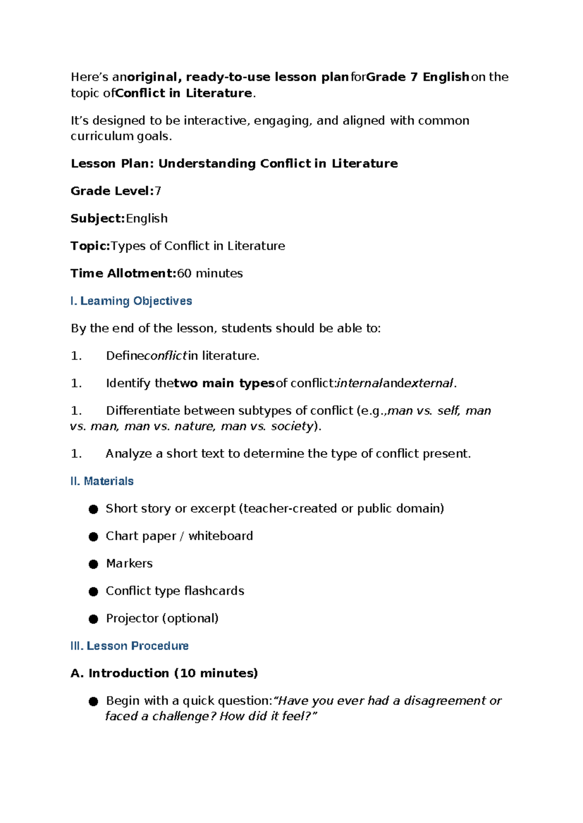 Grade 7 English Lesson Plan: Understanding Conflict in Literature - Studocu