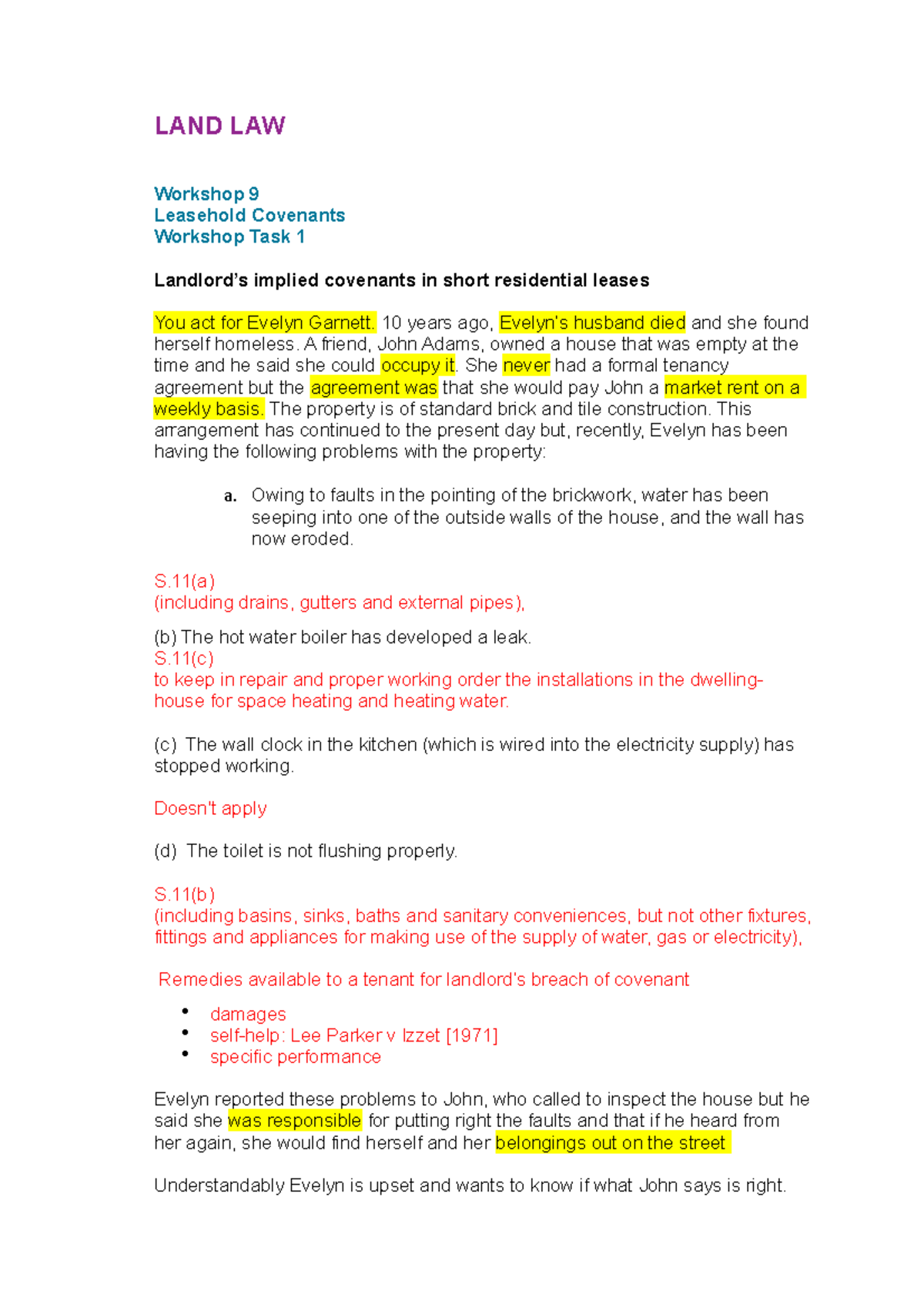 LAND LAW Workshop 9: Leasehold Covenants and Tenant Rights - Studocu