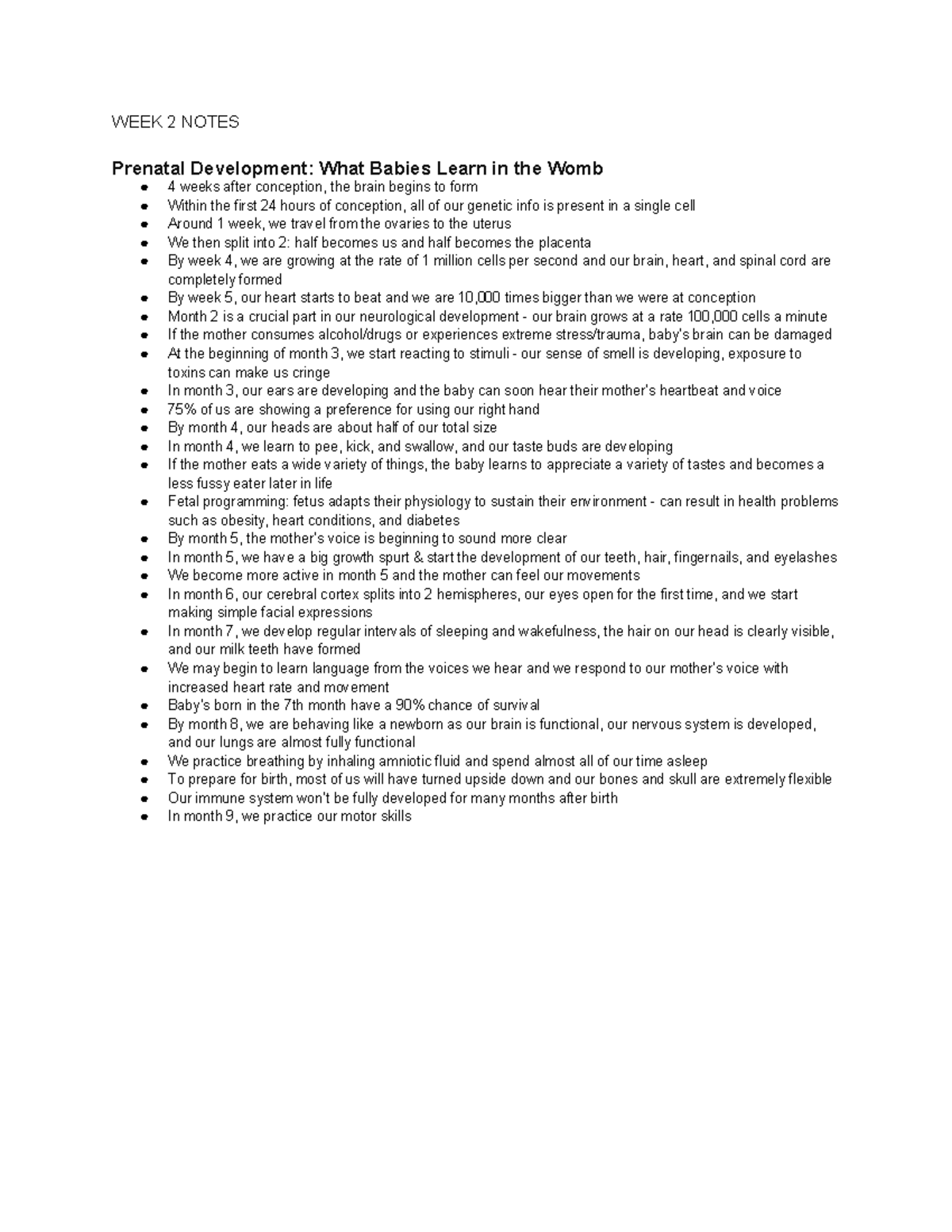 PSY 355 WEEK 2 Notes - WEEK 2 NOTES Prenatal Development: What Babies ...