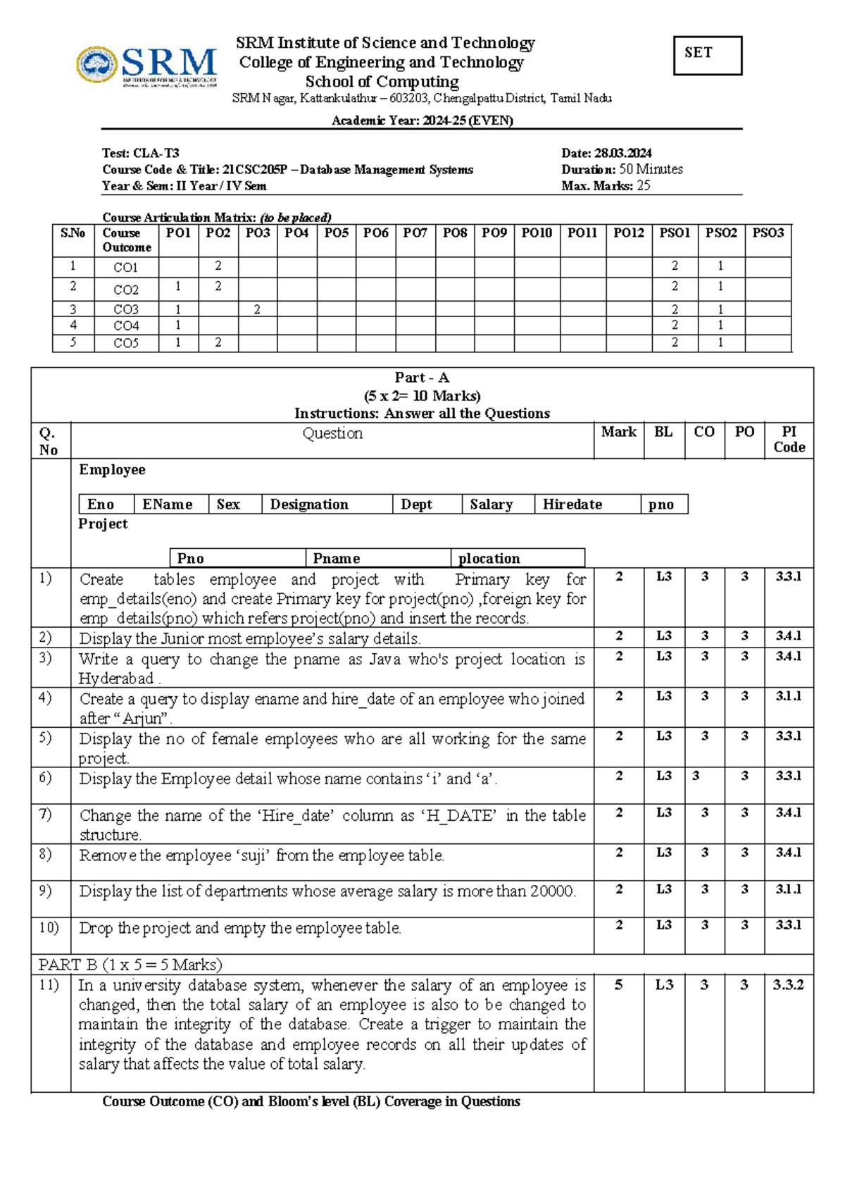 CLA T3 QP 21CSC205P Database Management Systems - 2025 Set A - Studocu
