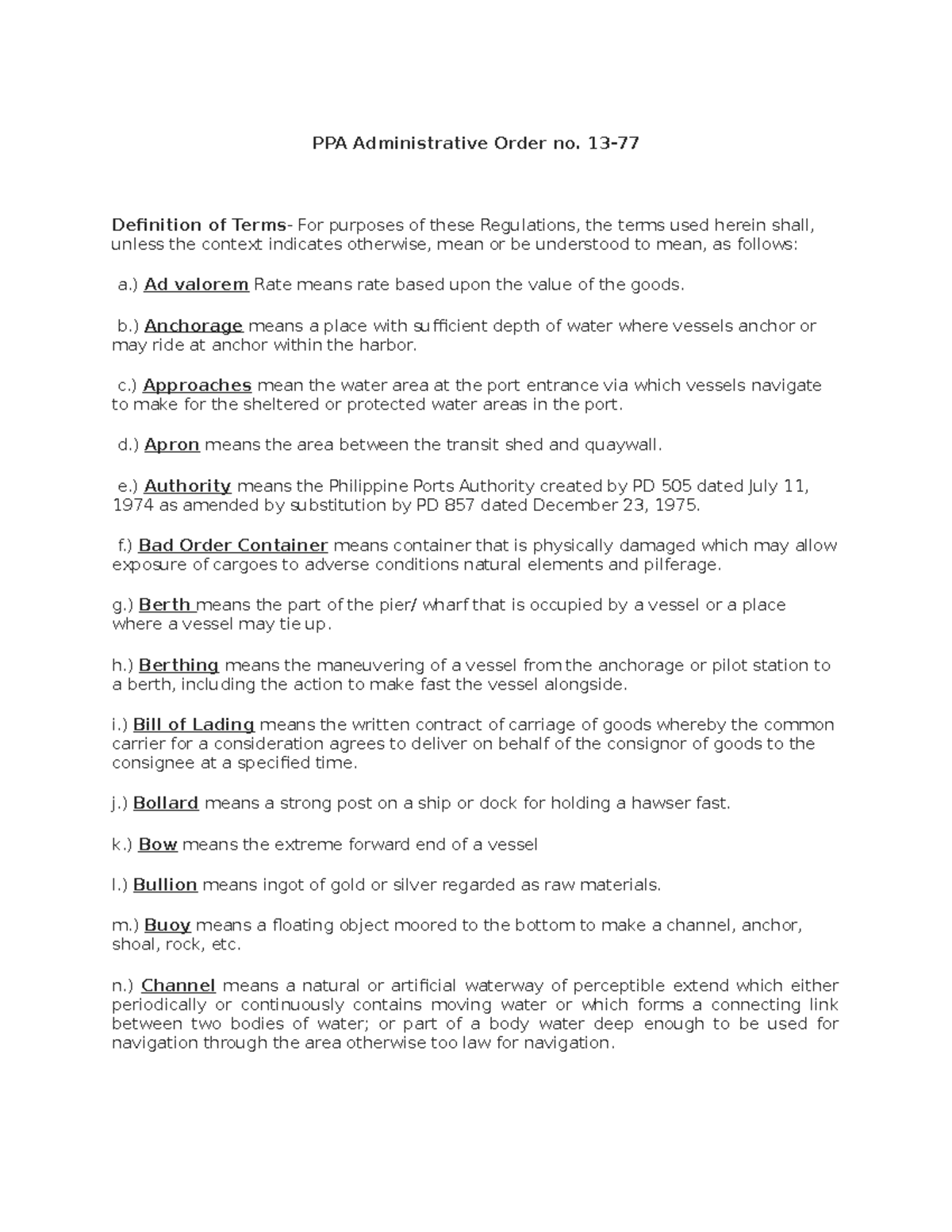 PPA Administrative Order No. 13 - Definitions of Terms for Port ...