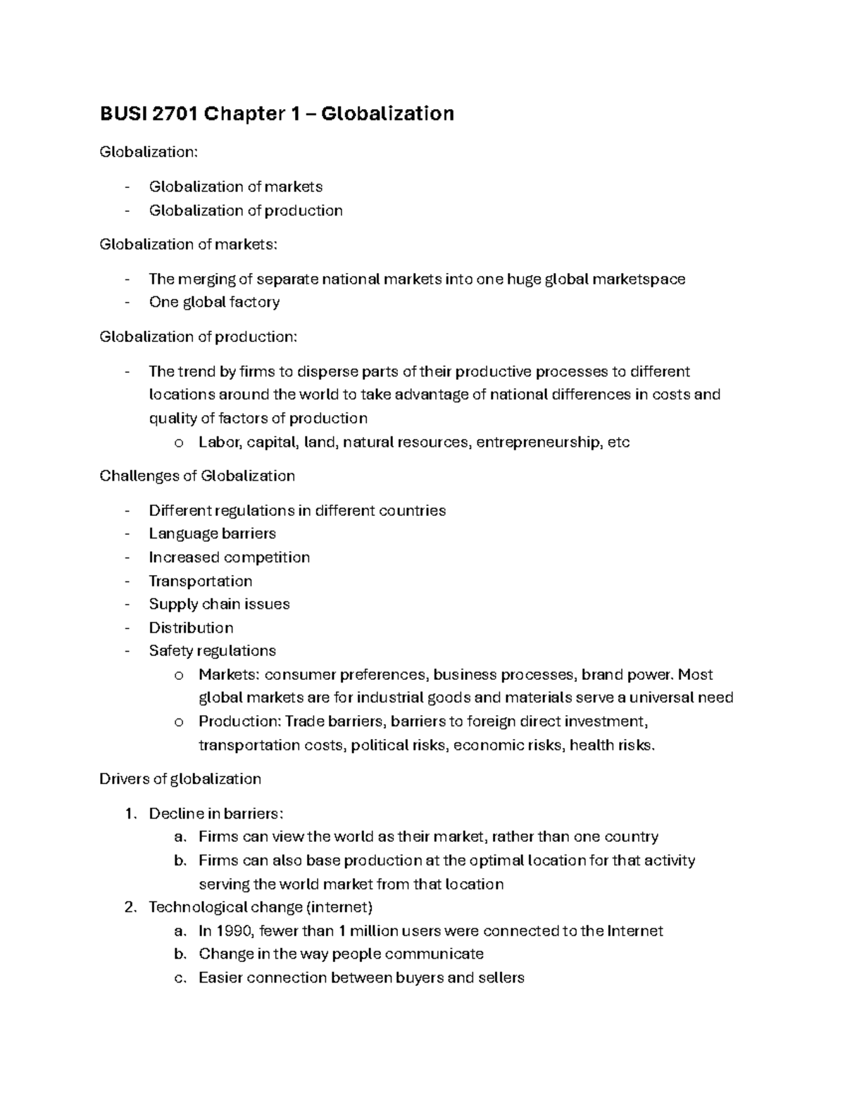 BUSI 2701 Comprehensive Notes on Globalization and Cultural Environment ...