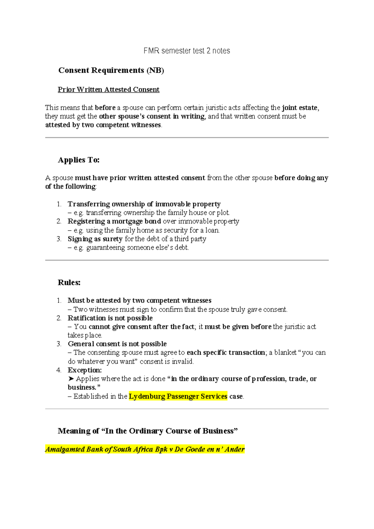 FMR Semester Test 2 Notes on Consent Requirements in Juristic Acts ...