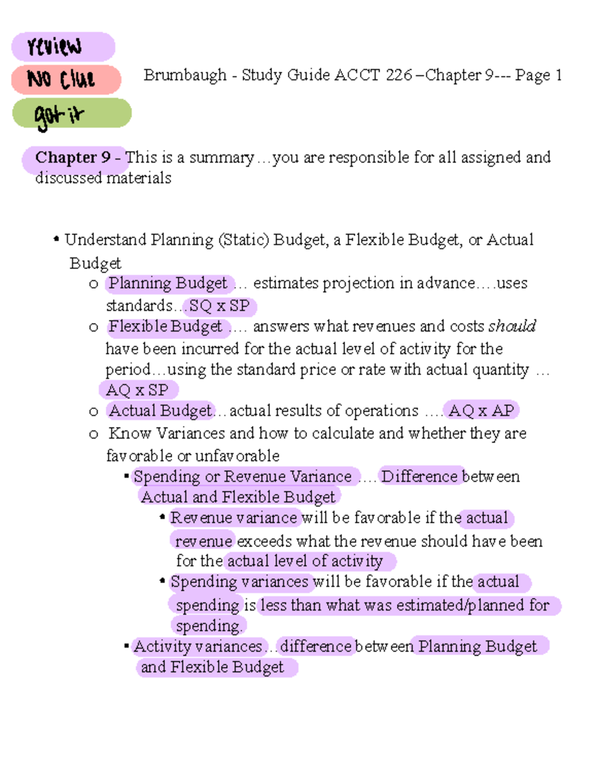 Study Guide: Chapter 9 - Budgeting Concepts & Variances ACCT 226 - Studocu