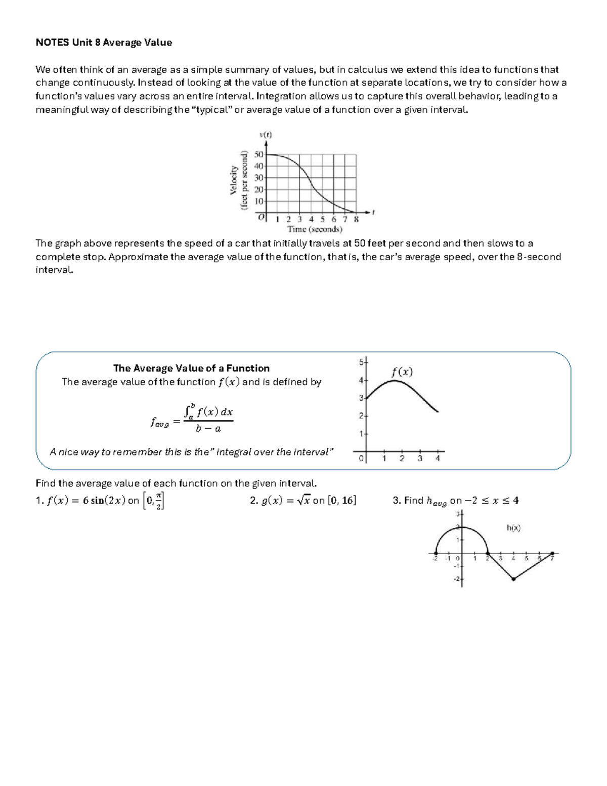 MATH 101 Final Exam Notes: Unit 8 - Average Value of Functions - Studocu