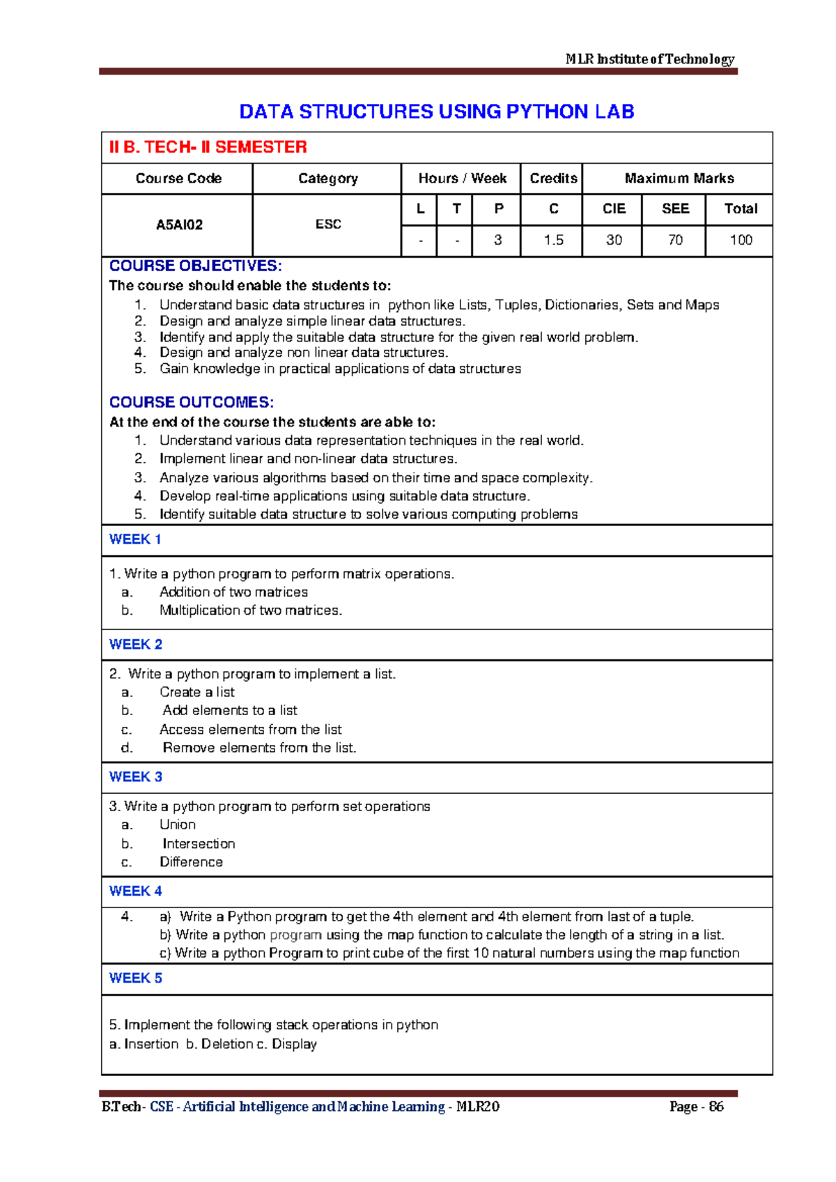 DATA Structures Using Python LAB - II B. Tech - MLR20 Syllabus - Studocu