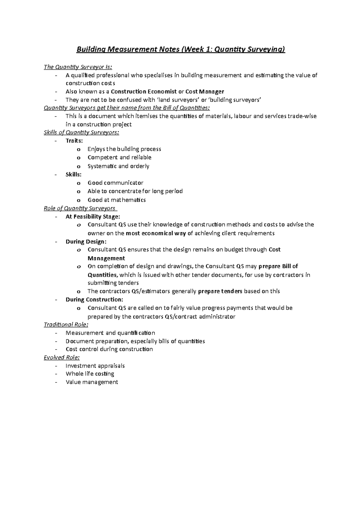 Building Measurement Notes (Weeks 1-9) for Quantity Surveying Course ...