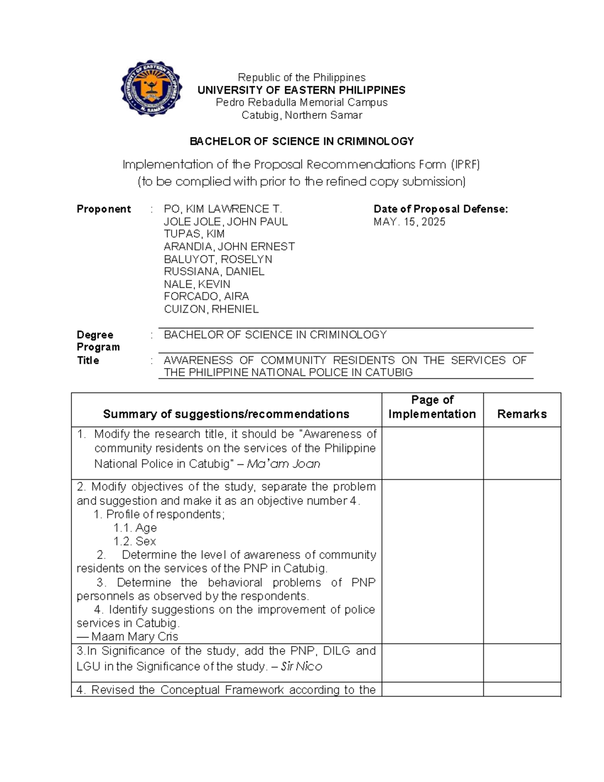 BSCriminology Proposal: Community Awareness of PNP Services in Catubig ...