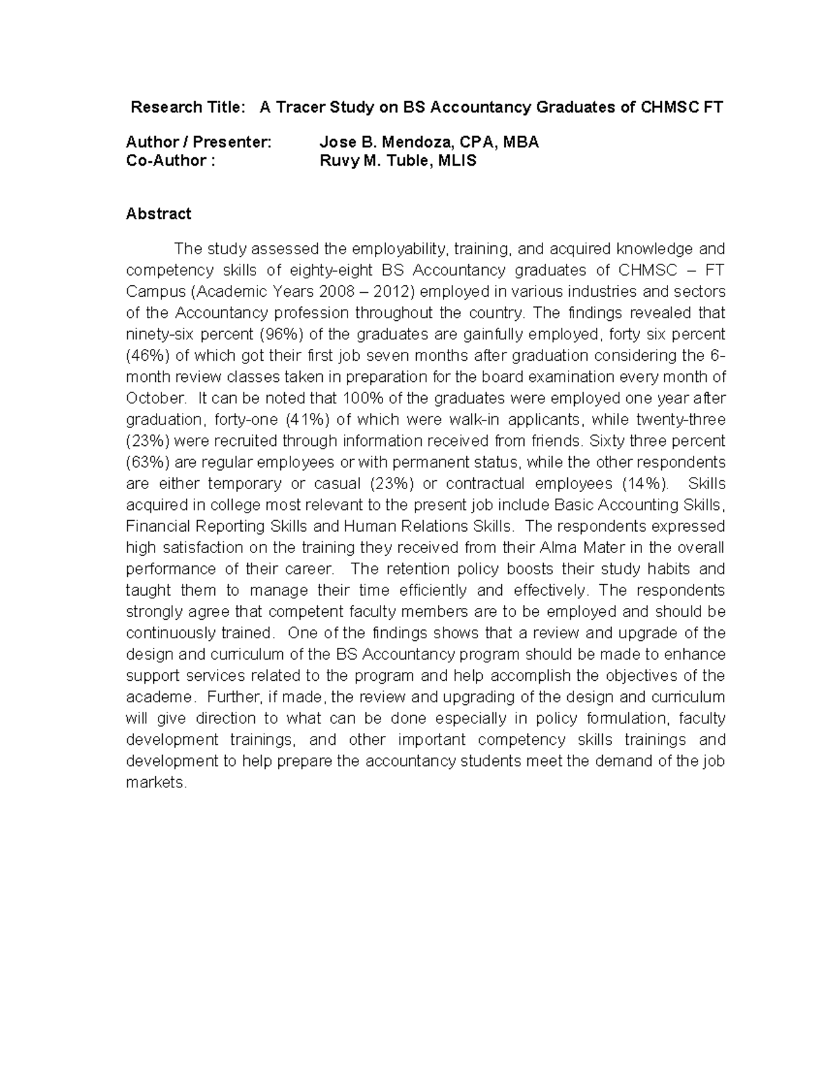 Tracer Study on BS Accountancy Graduates from CHMSC-FT (2008-2012 ...