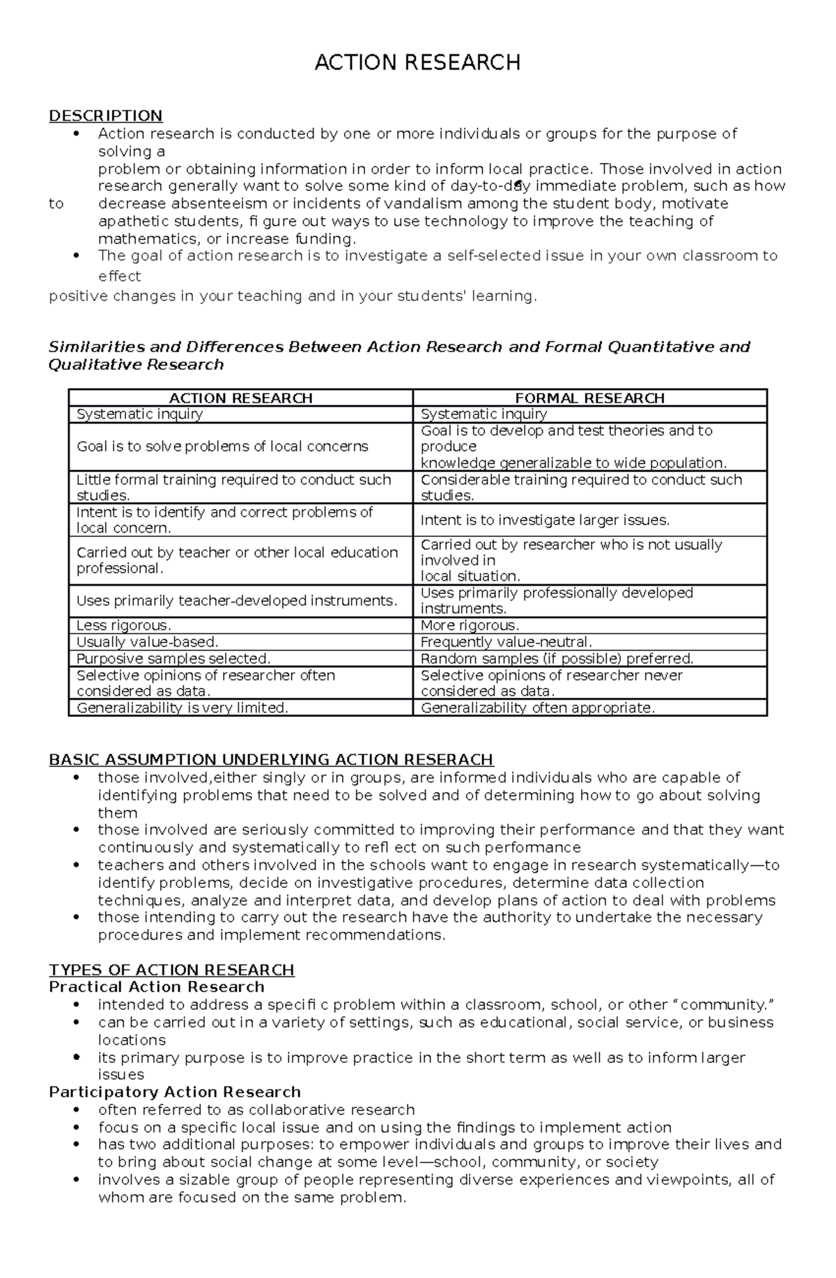 Action Research Notes - ACTION RESEARCH DESCRIPTION Action research is ...