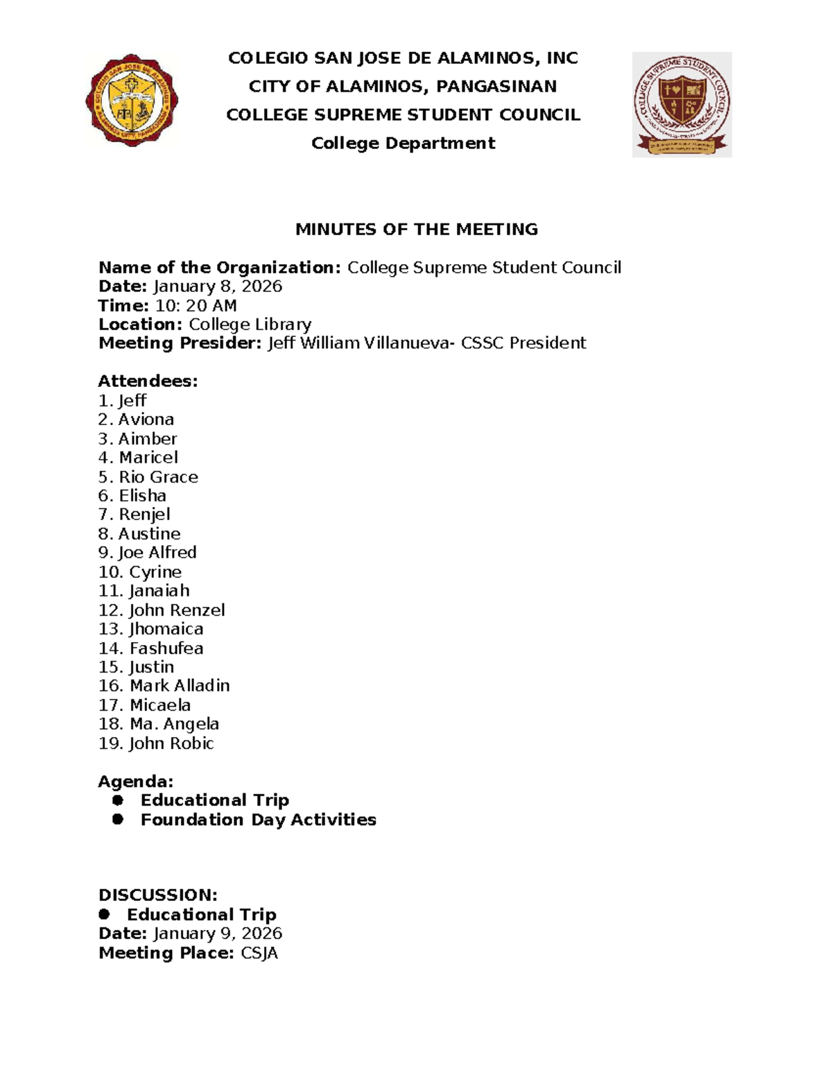 CSSC Meeting Minutes - January 8, 2026 - Studocu