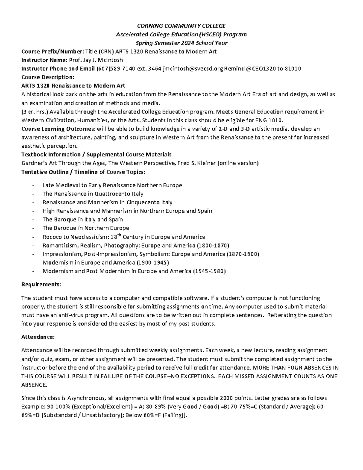 HSCEO-ACE ARTS 1320 Renaissance to Modern Art Syllabus Spring 2024 ...