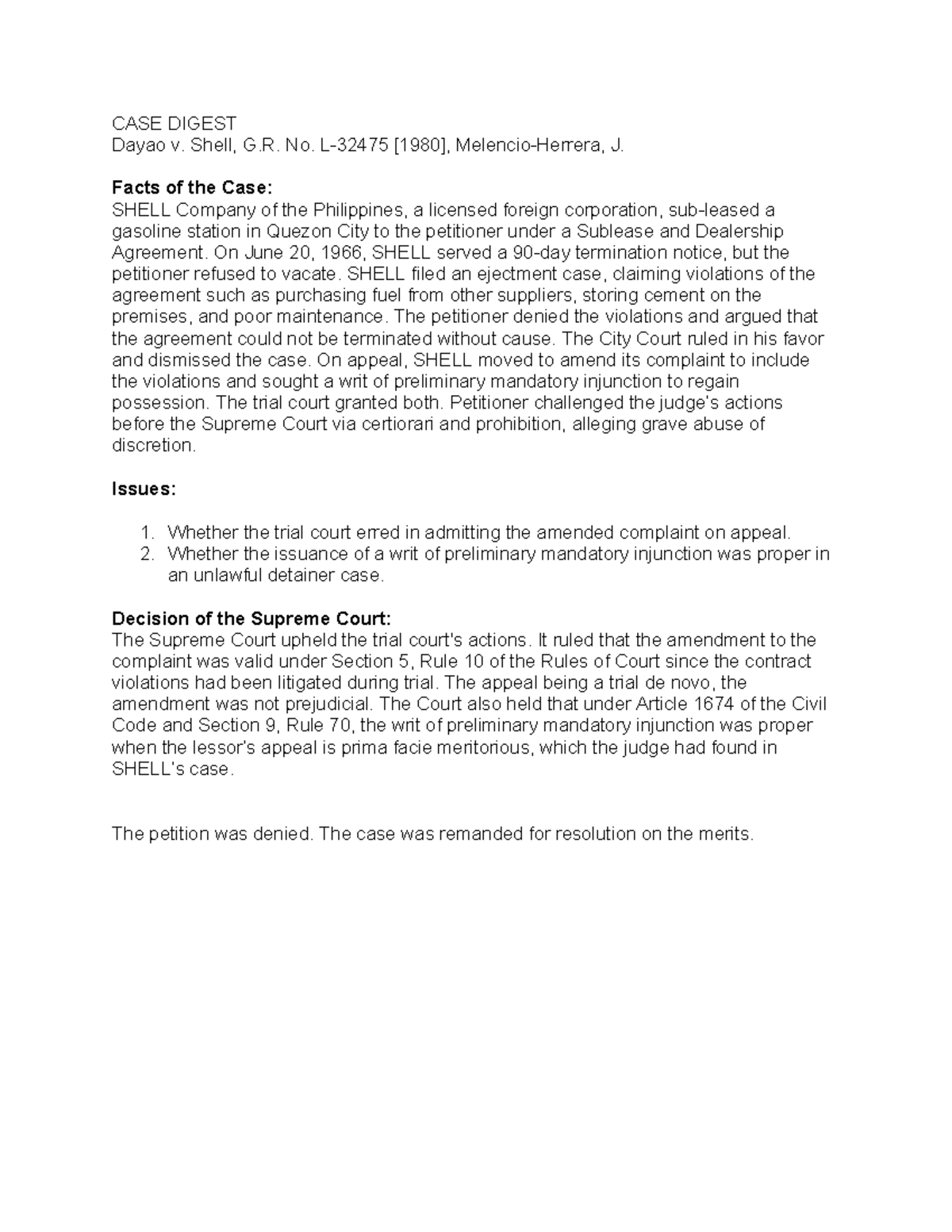 CASE DIGEST: Dayao v. Shell, G.R. No. J - Civil Procedure Analysis ...