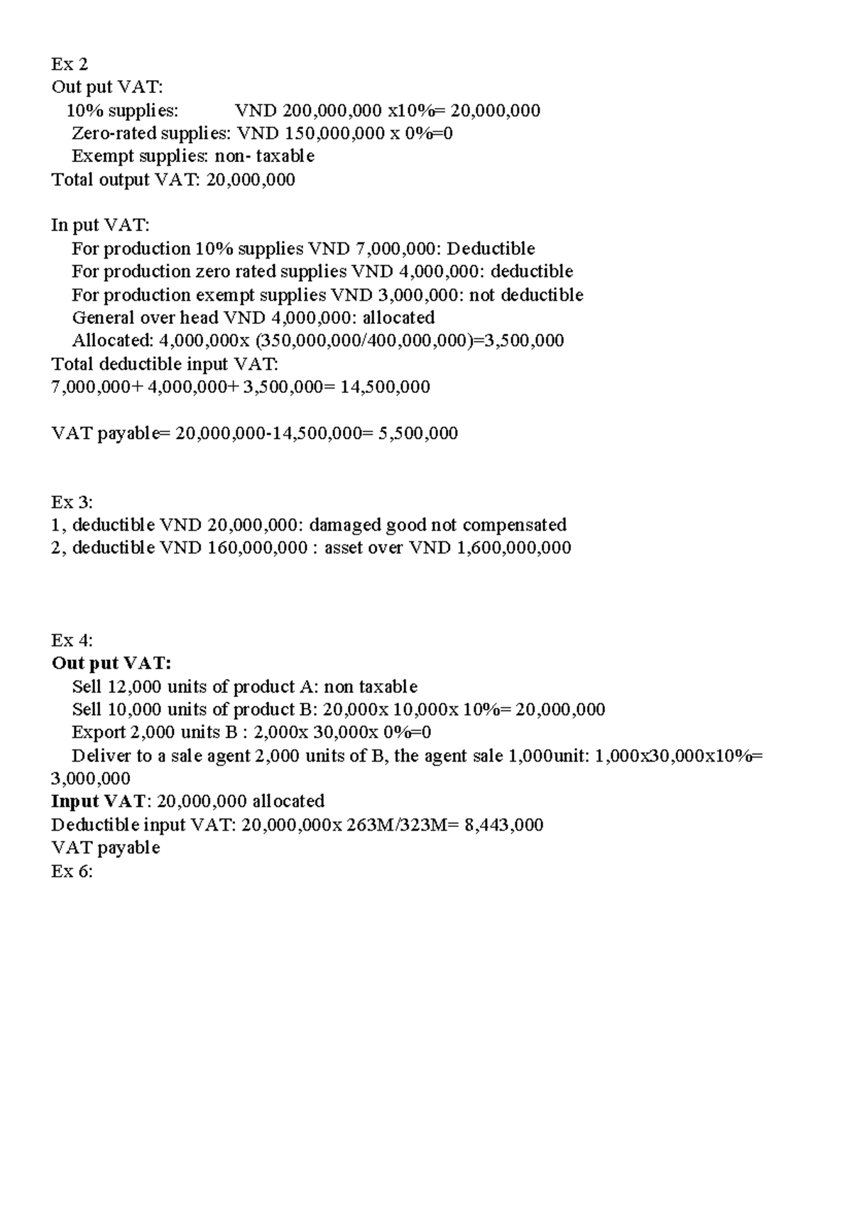 Taxation Exercise - abc - Ex 2 Out put VAT: 10% supplies: VND ...
