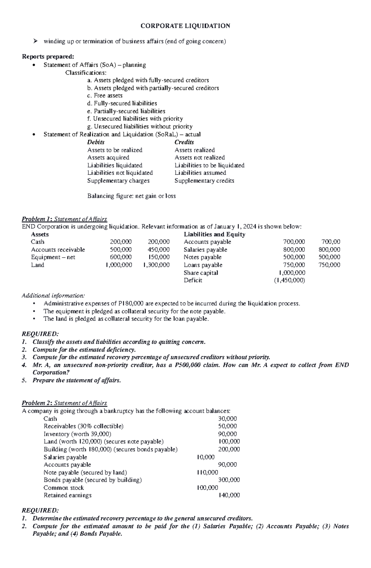 Corporate Liquidation: Statement of Affairs & Realization Analysis ...