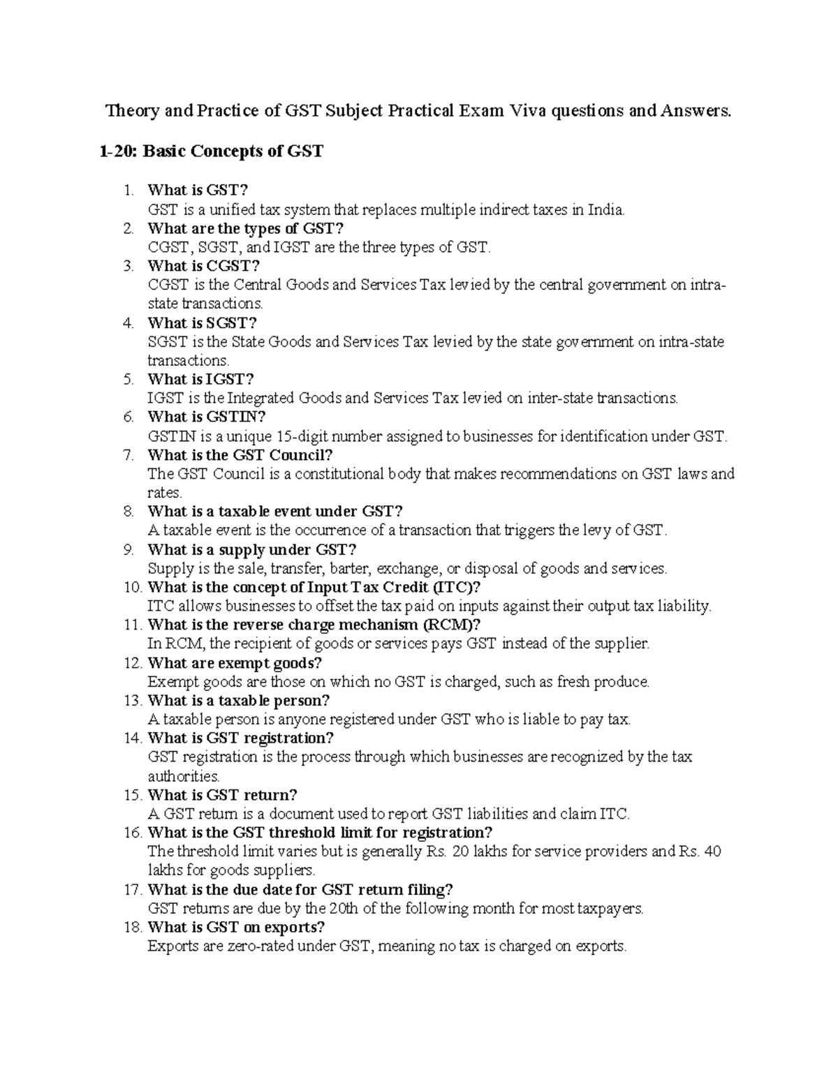 GST Theory & Practice: Practical Exam Viva Q&A Guide - Studocu