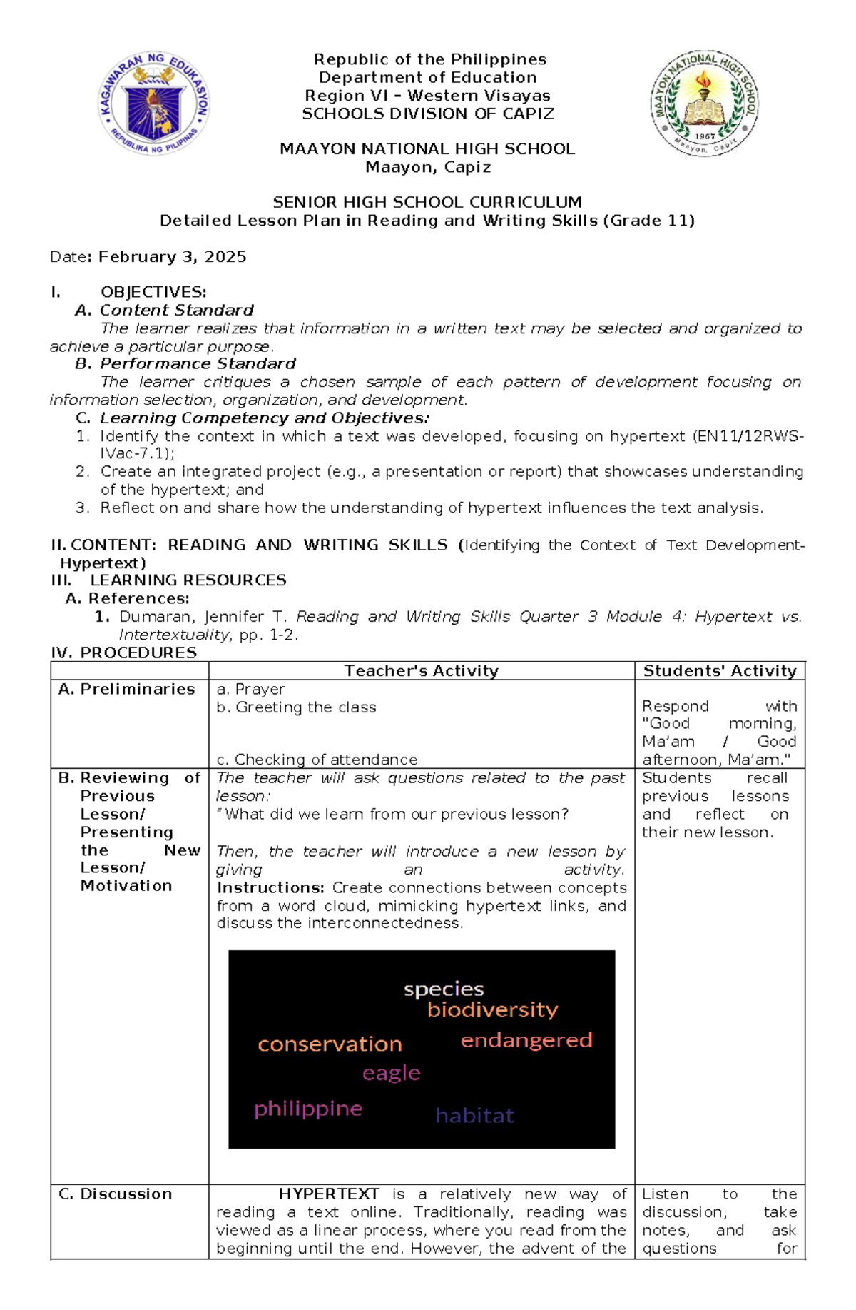 Detailed Lesson Plan: Hypertext in Reading & Writing Skills (Grade 11 ...
