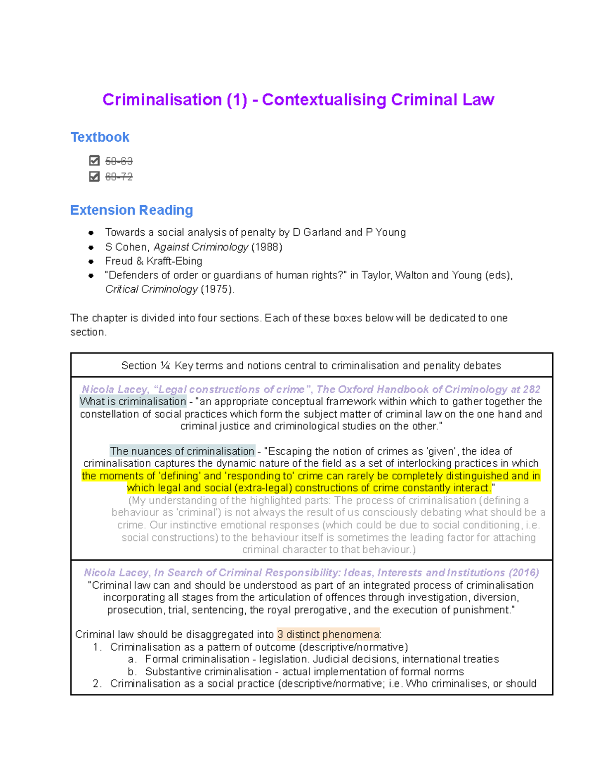 LAWS1021 Wk1A - Summary of Criminalisation and Penality Debates - Studocu