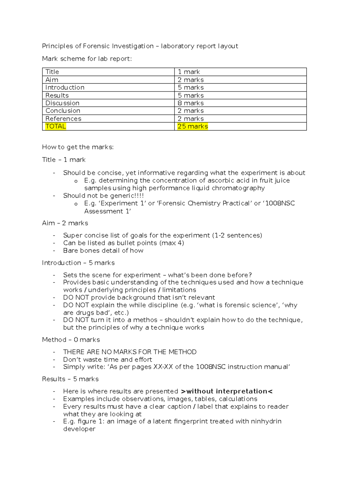 Principles of Forensic Investigation (1008NSC) - Lab Report Mark Scheme ...