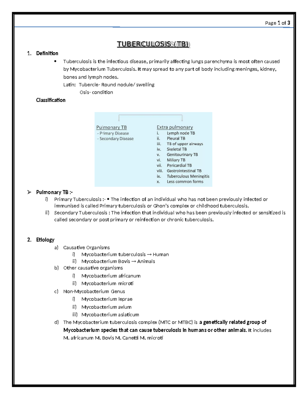 L-1 TB Lecture Notes: Understanding Tuberculosis and Its Pathogenesis ...