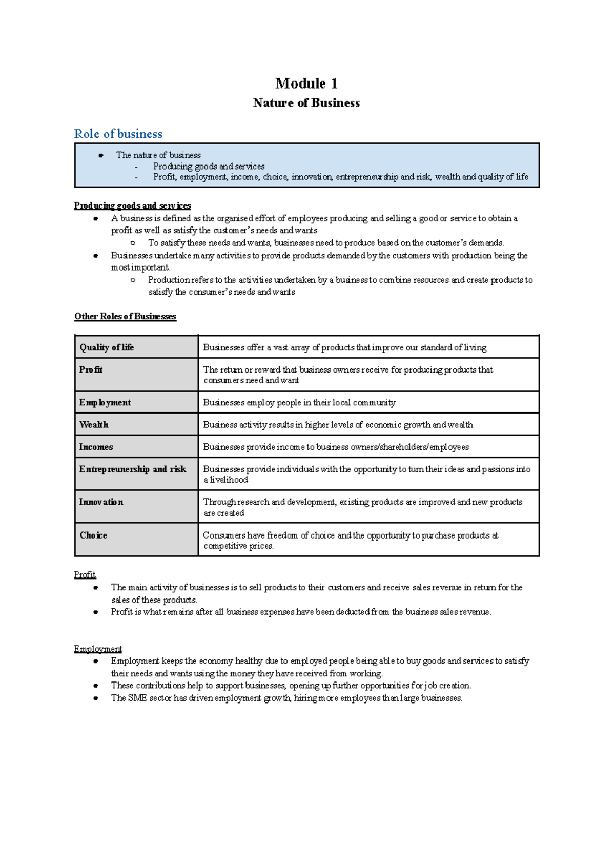 Mod 1 nature of business - Module 1 Nature of Business Role of business ...
