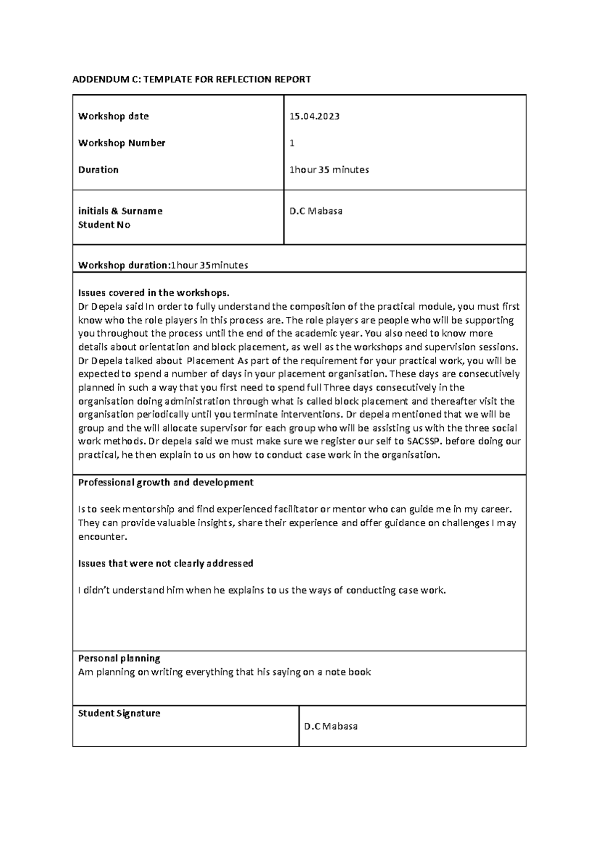 Workshop Dr Depela April - ADDENDUM C: TEMPLATE FOR REFLECTION REPORT ...