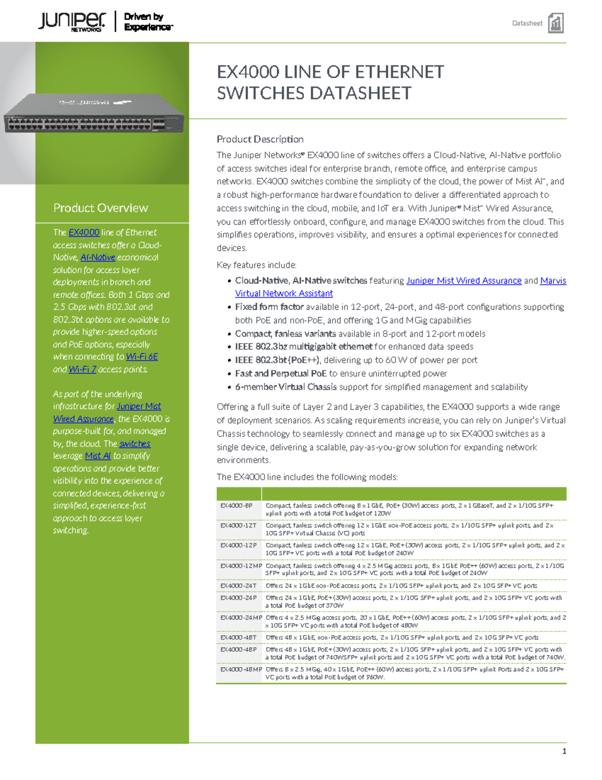EX4000 Ethernet Switches Datasheet: Features & Specifications