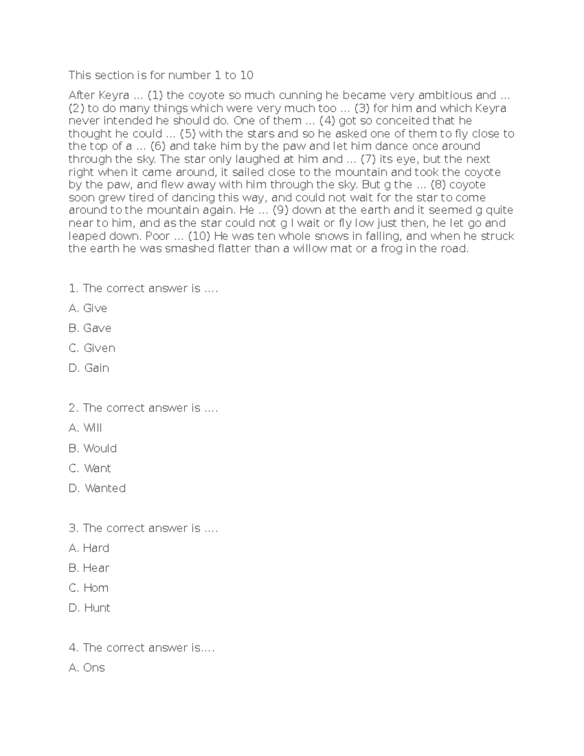 Reading Comprehension Practice Questions for Literature Course - Studocu