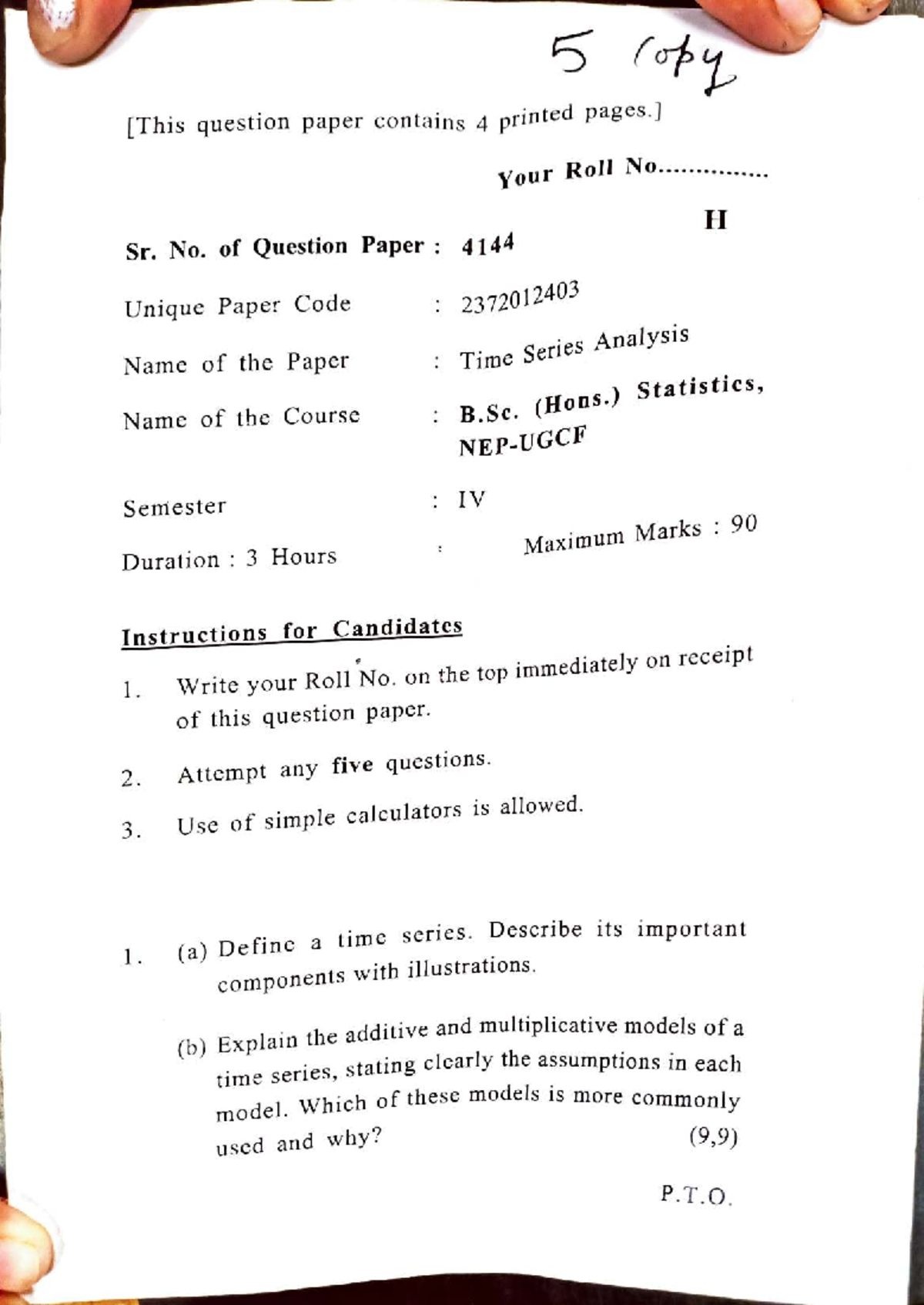B.Sc. (Hons.) Statistics IV Sem. Time Series Analysis Question Paper - Document Preview