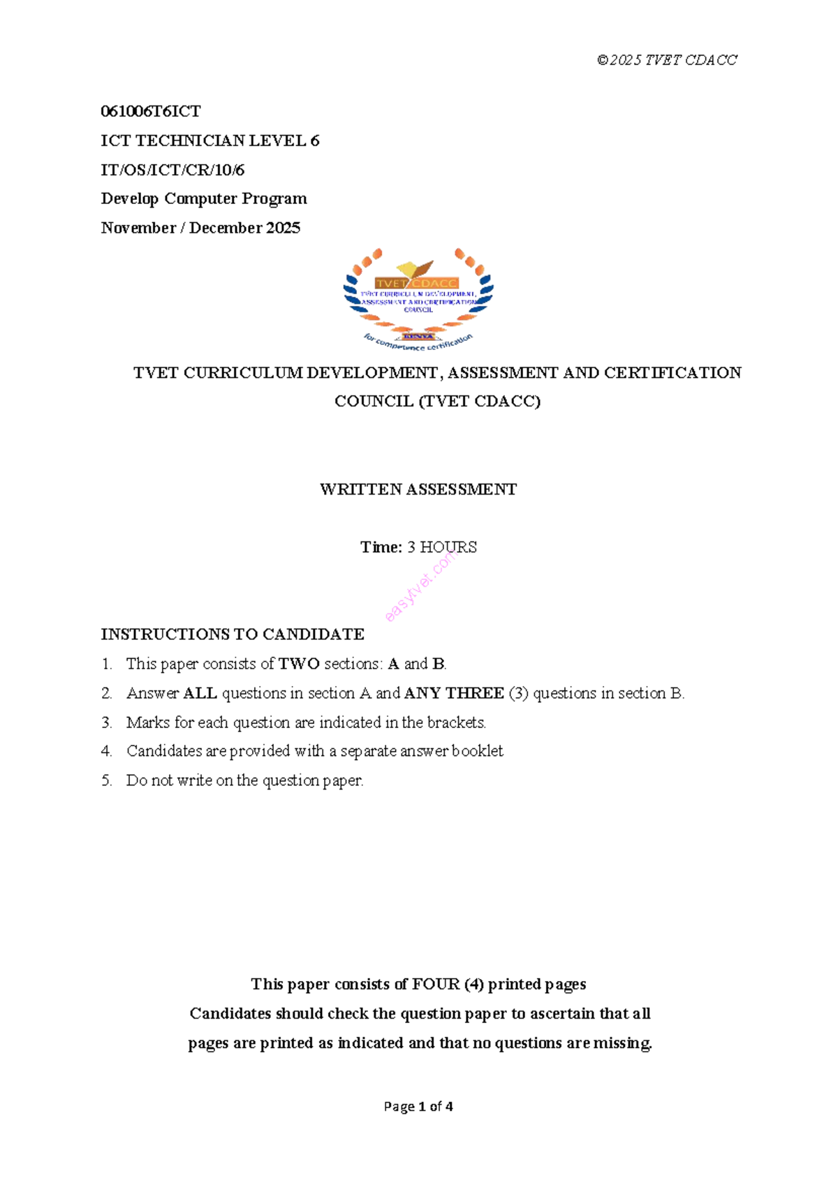 TVET CDACC 061006T6ICT ICT Technician Level 6 Practical Exam November ...