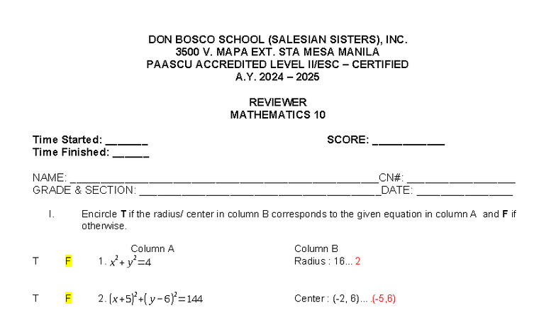 Mathematics 10 2nd Quarter Reviewer - Polynomial Functions & Circles ...