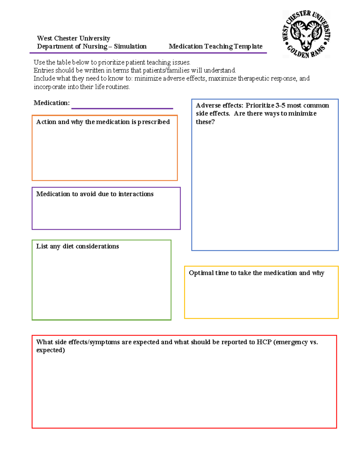 WCU Nursing Simulation: Medication Teaching Template Guide - Studocu