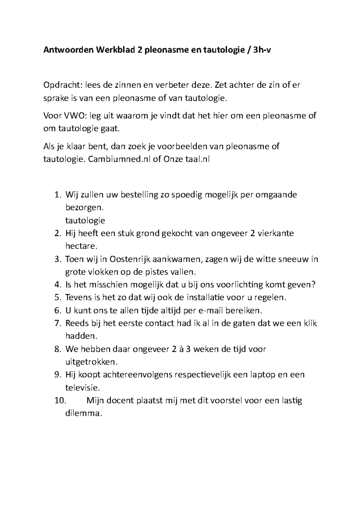 Antwoorden op Werkblad 2: Pleonasme en Tautologie (3h-v) - Studeersnel