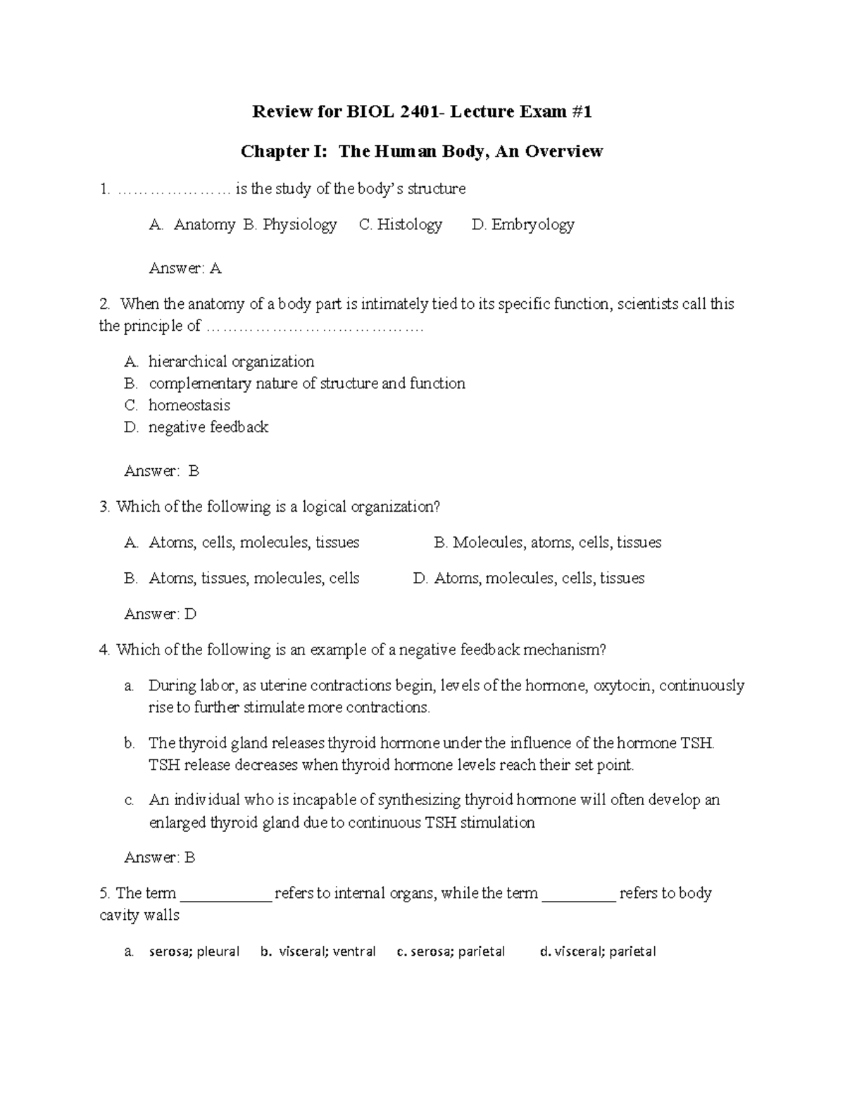 Review for BIOL 2401 - Physiology Exam I (Chapters 1-3) - Studocu