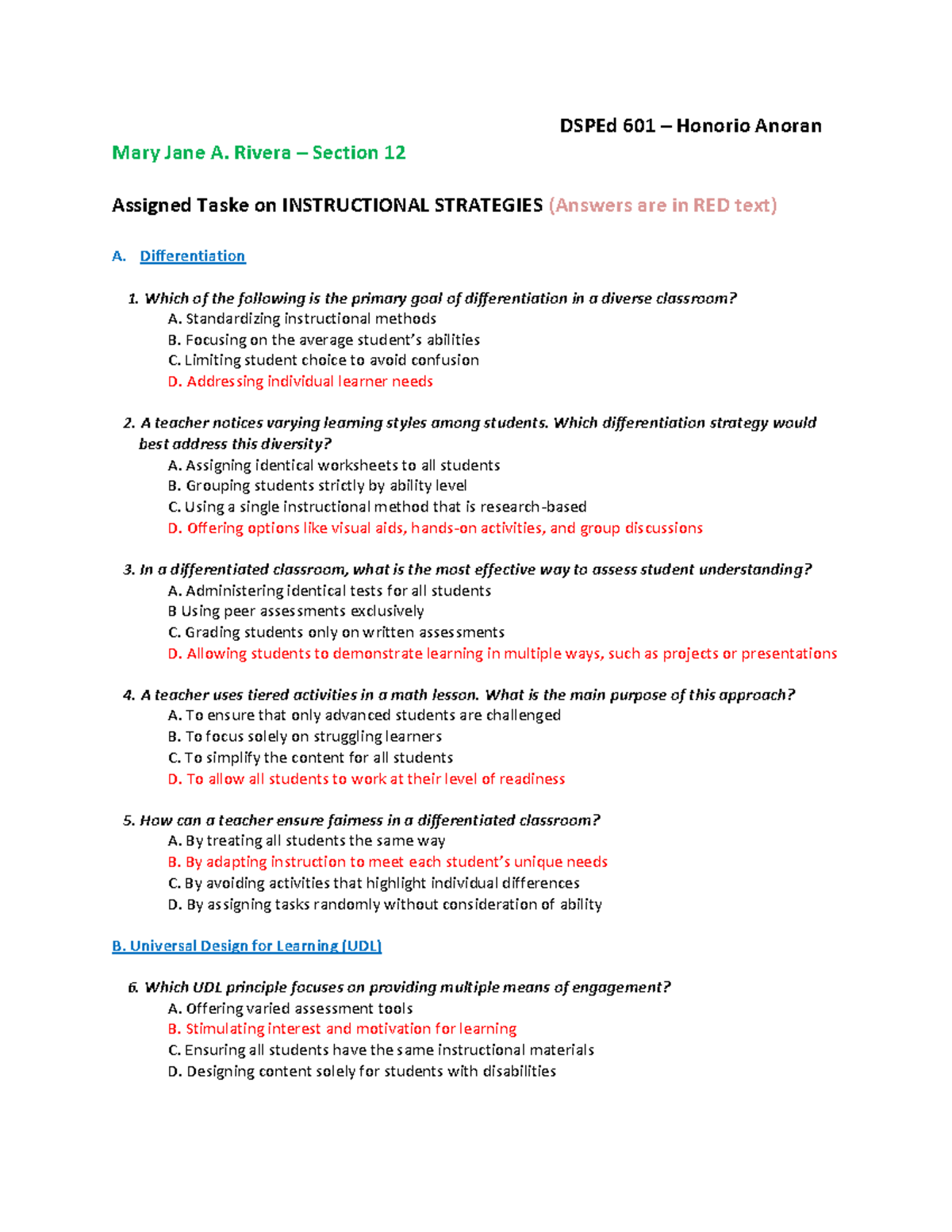 DSPEd 601 Instructional Strategies: Differentiation & UDL Insights ...