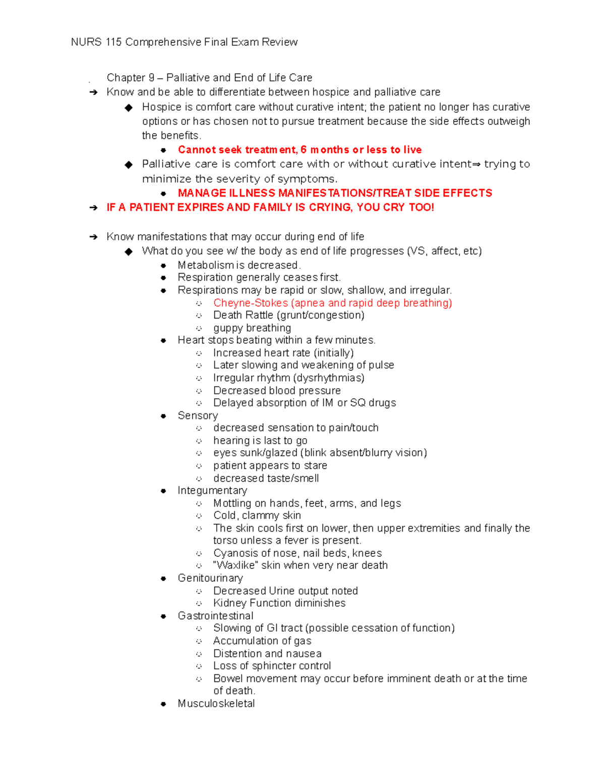 Med Surg 2 Comp Final Exam - Chapter 9 – Palliative and End of Life ...