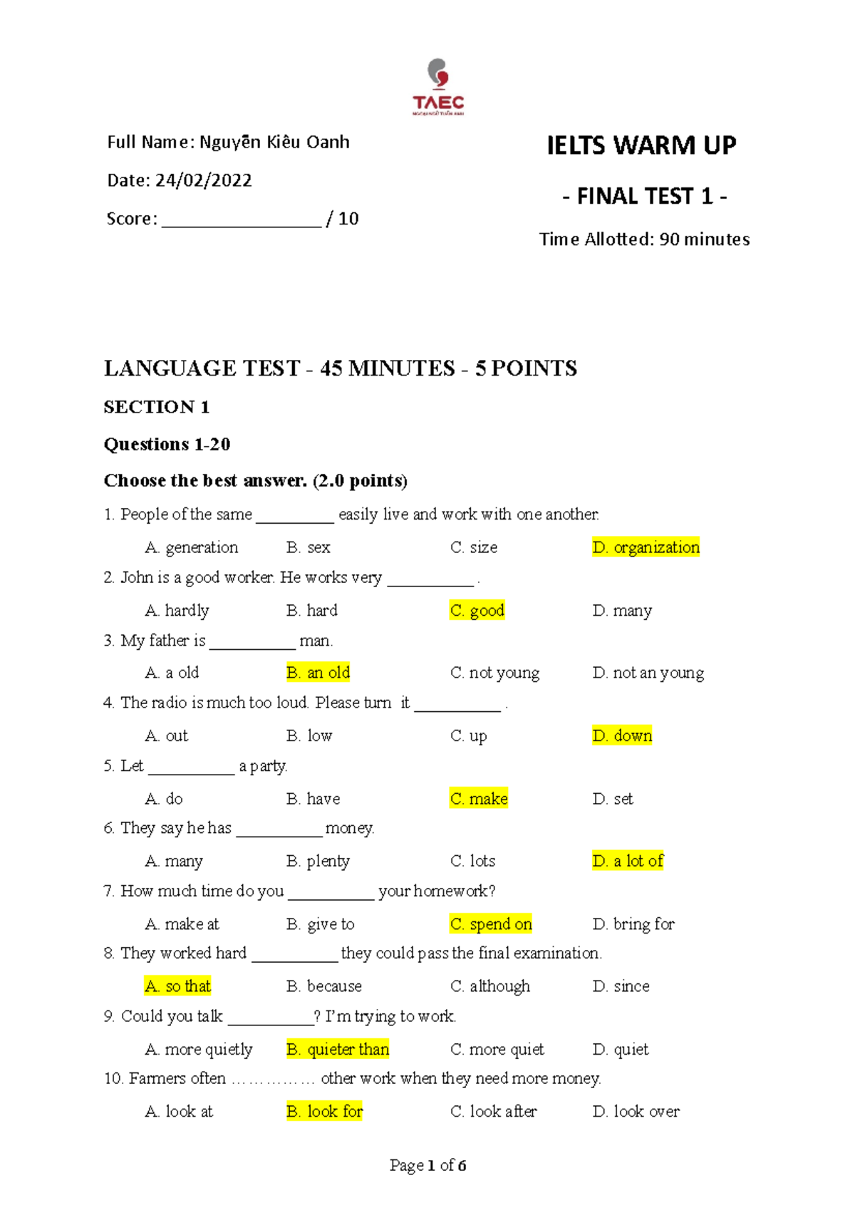 Ielts Warm Up Final Test 1 - 2021 - IELTS WARM UP - FINAL TEST 1 - Time ...