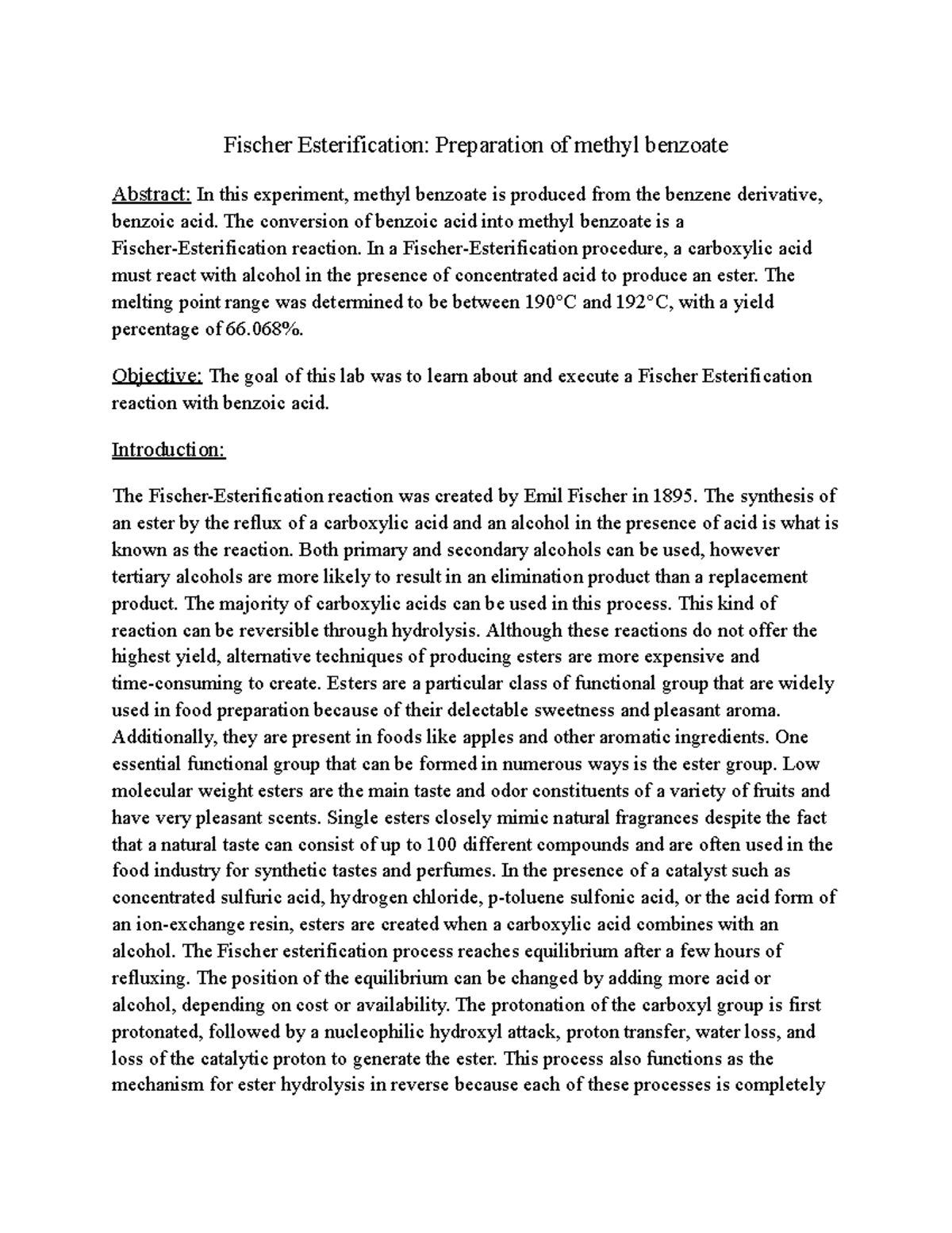 Fischer Esterification: Synthesis of Methyl Benzoate (Final Lab Report ...