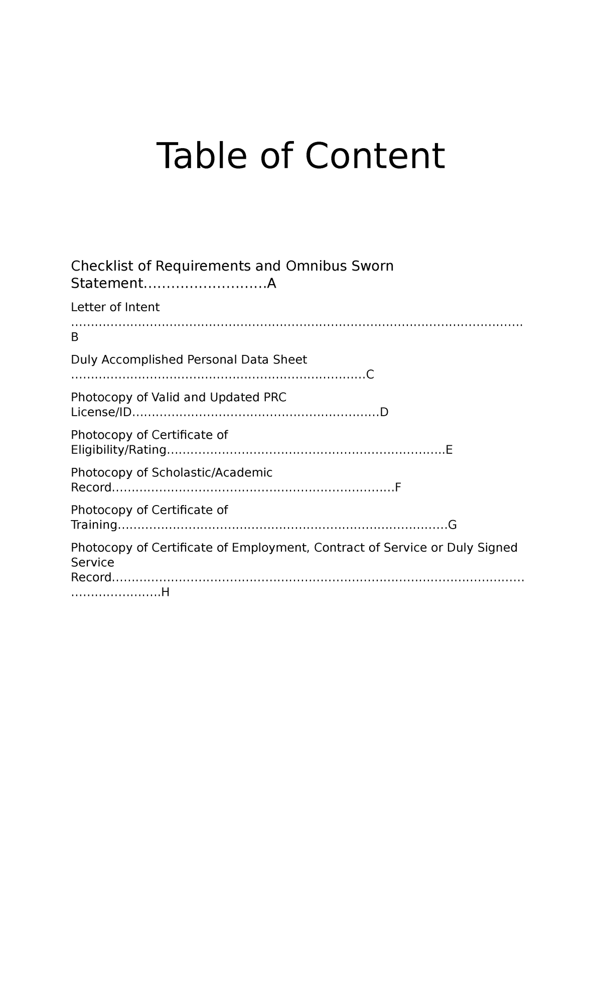 Table of Contents for Application Requirements - Junior High School ...