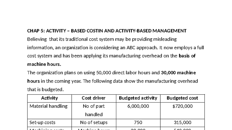 CHAP 5: Activity Based Costing & Management Analysis - Studocu