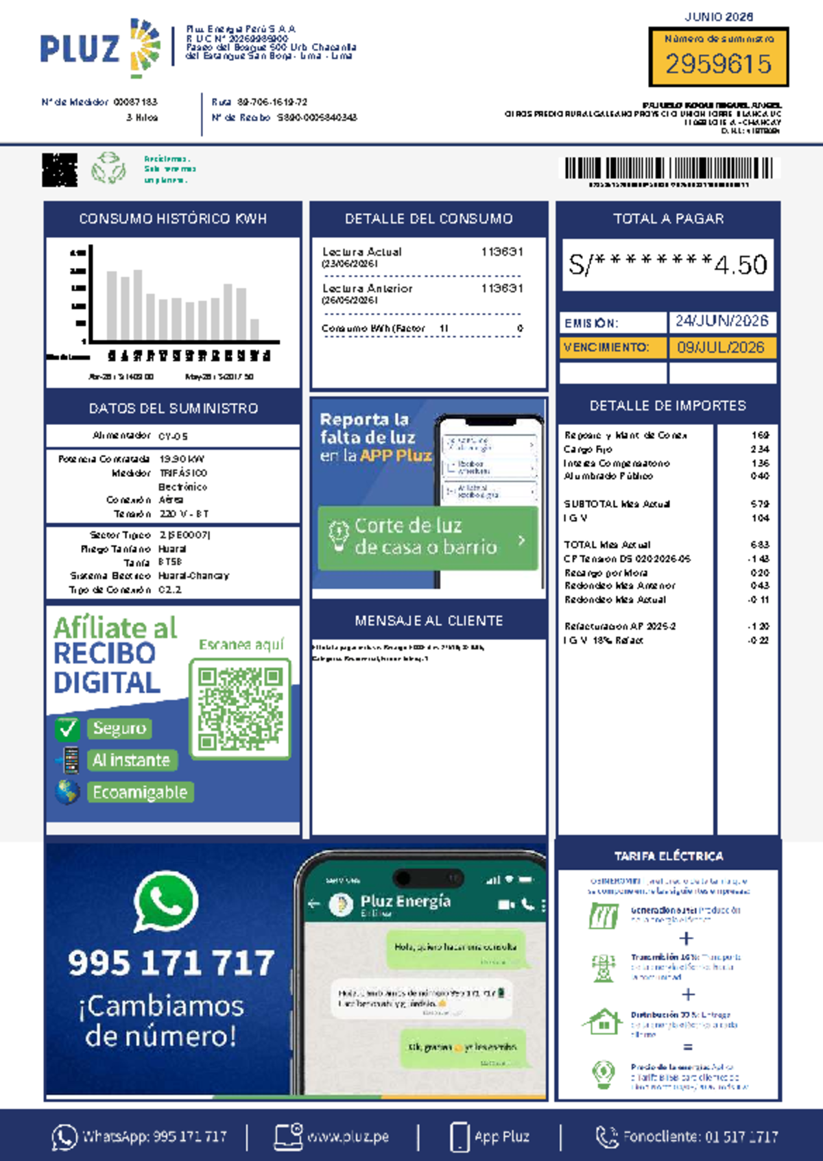 Recibo Cliente - JUNIO 2026 Pluz Energía Perú S.A.A. - Document Preview