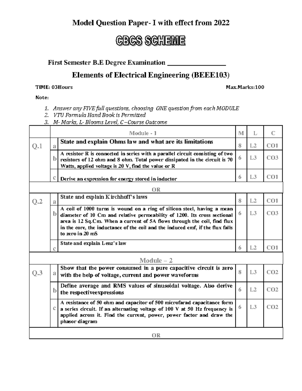 BEEE103 203 Model Question Paper for Elements of Electrical Engineering ...