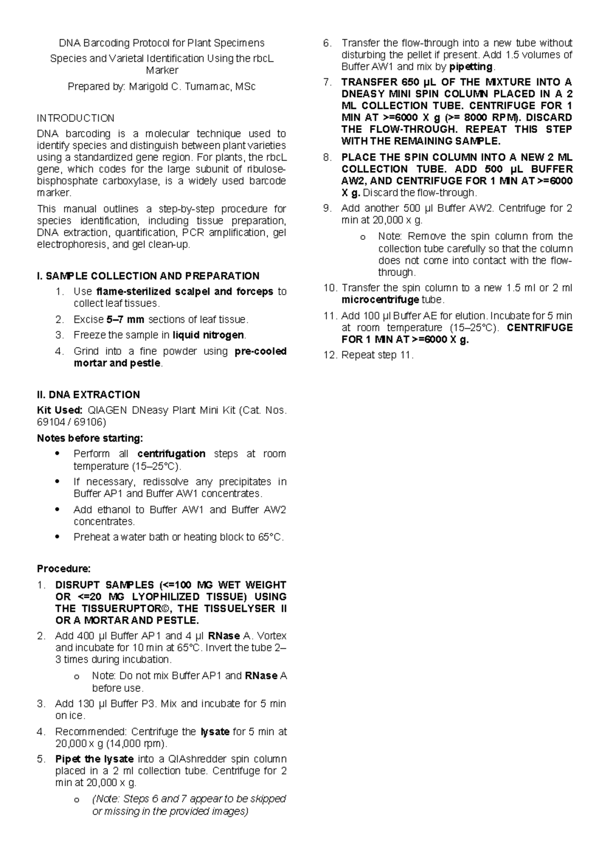 DNA Barcoding Protocol for Plant Specimens: ORAL EXAM Guide - Studocu