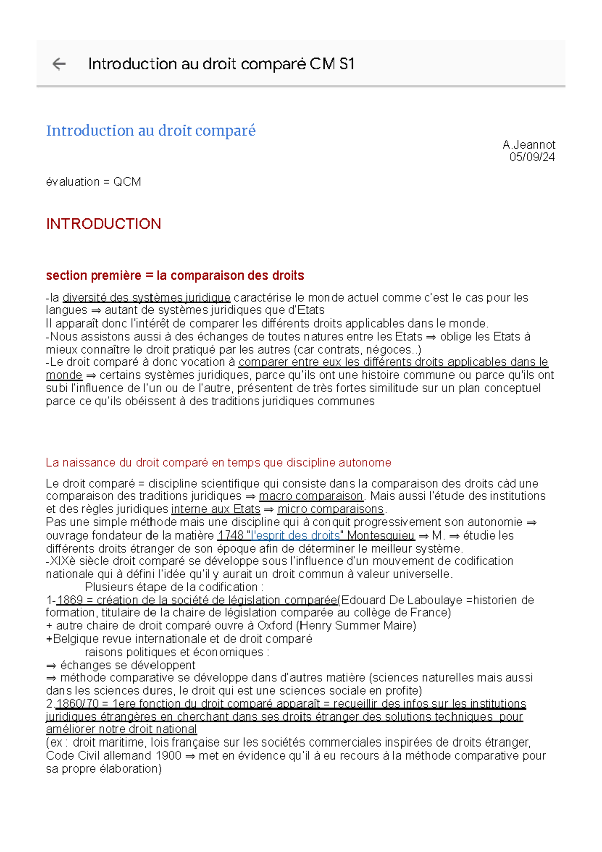 Introduction au Droit Comparé CM S1 : Concepts et Évolutions - Studocu