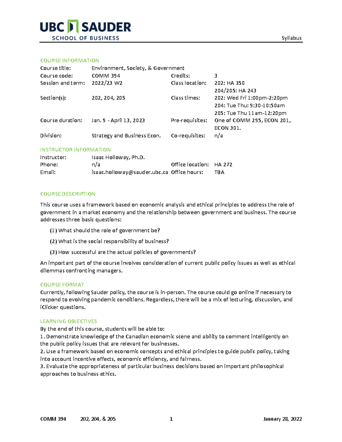 2022W2 COMM 394 Syllabus: Environment, Society, & Government Course ...