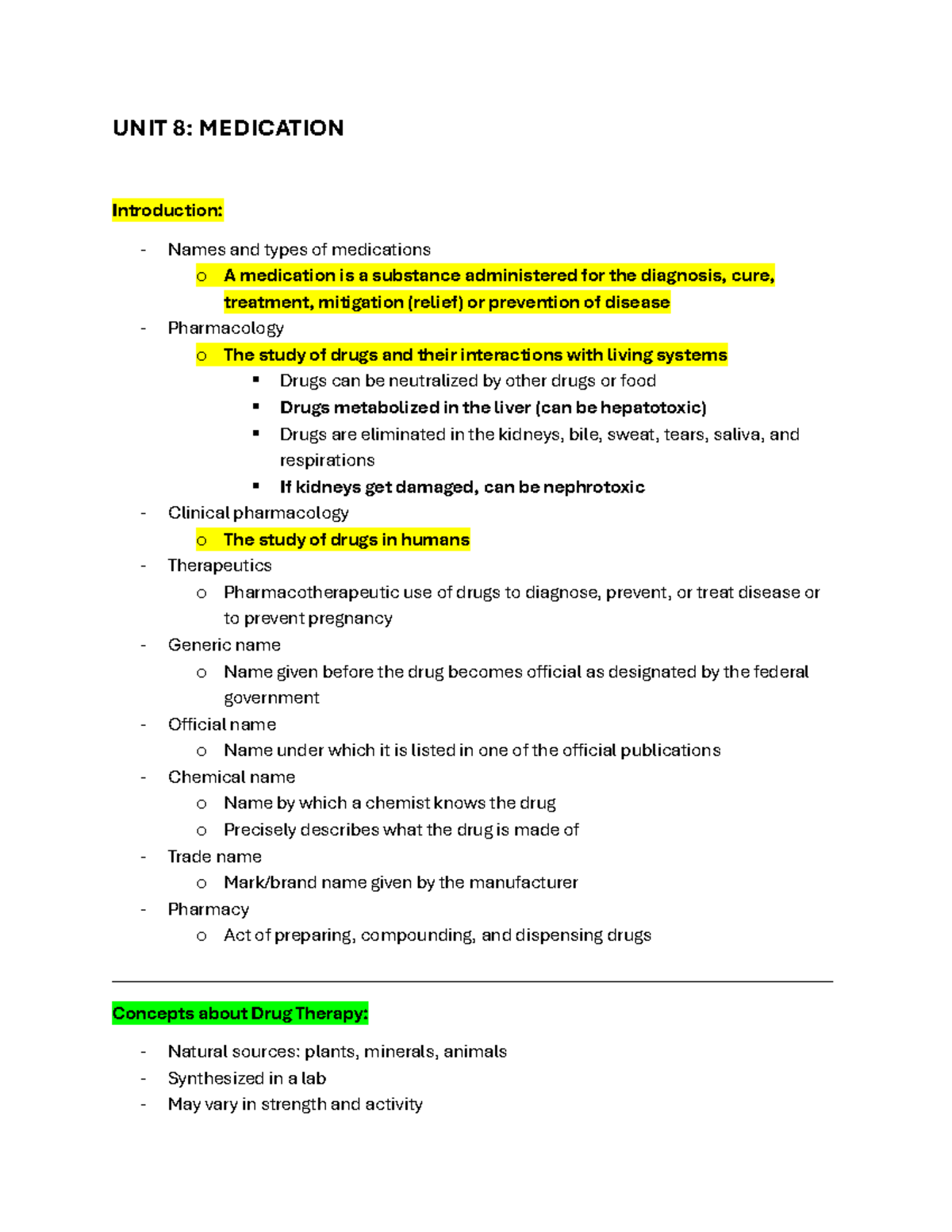 UNIT 8: MEDICATION SAFETY - FINAL EXAM REVIEW - Studocu