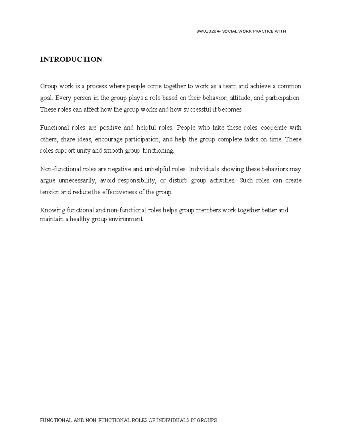 SOCIAL WORK PRACTICE WITH GROUP: Functional & Non-Functional Roles ...